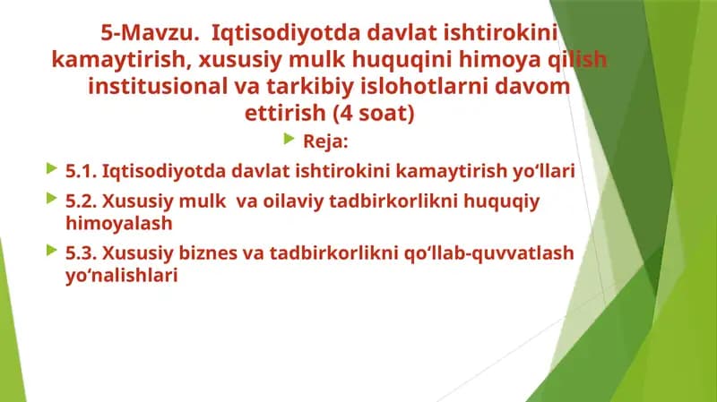 Iqtisodiyotda davlat ishtirokini kamaytirish, xususiy mulk huquqini himoya qilish institusional va tarkibiy islohotlarni davom ettirish