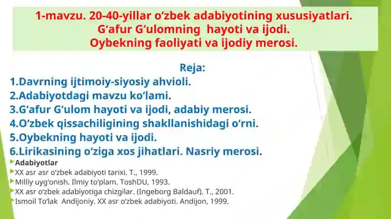 1-mavzu. 20-40-yillar o‘zbek adabiyotining xususiyatlari.