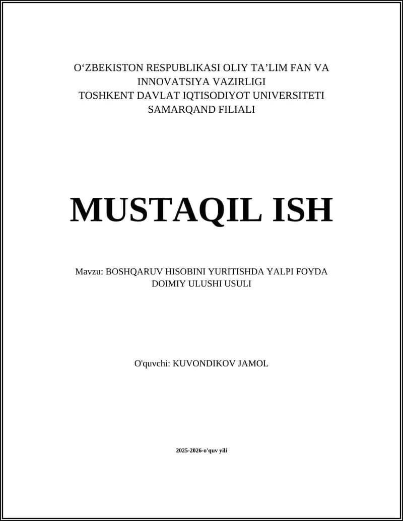 BOSHQARUV HISOBINI YURITISHDA YALPI FOYDA DOIMIY ULUSHI USULI