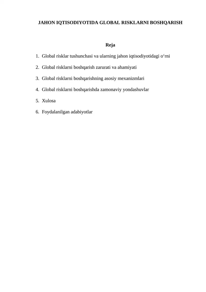 JAHON IQTISODIYOTIDA GLOBAL RISKLARNI BOSHQARISH