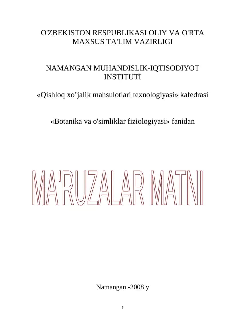 Botanika va o’simliklar fiziologiyasi