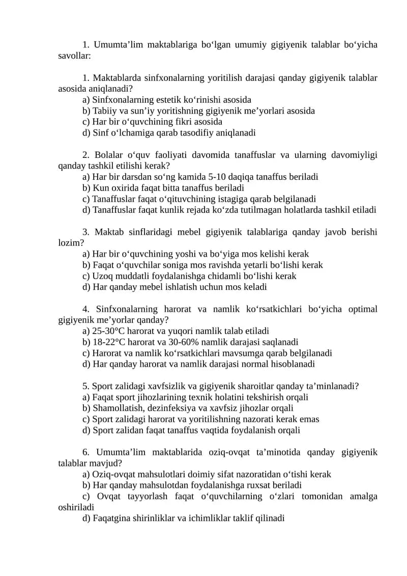 Umumta’lim maktablariga bo‘lgan umumiy gigiyenik talablar bo‘yicha savollar