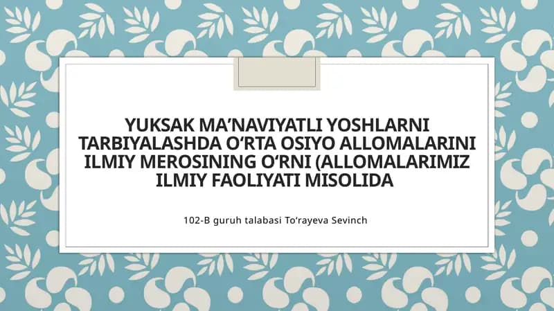 Yuksak ma’naviyatli yoshlarni tarbiyalash