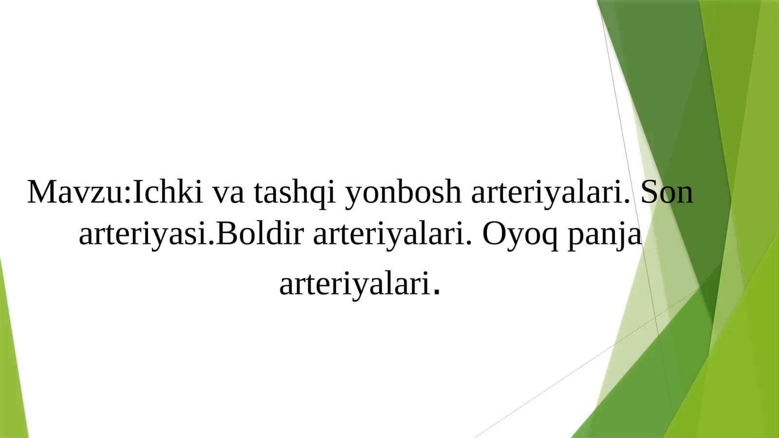 Ichki va tashqi yonbosh arteriyalari. Son arteriyasi.Boldir arteriyalari. Oyoq panja arteriyalari