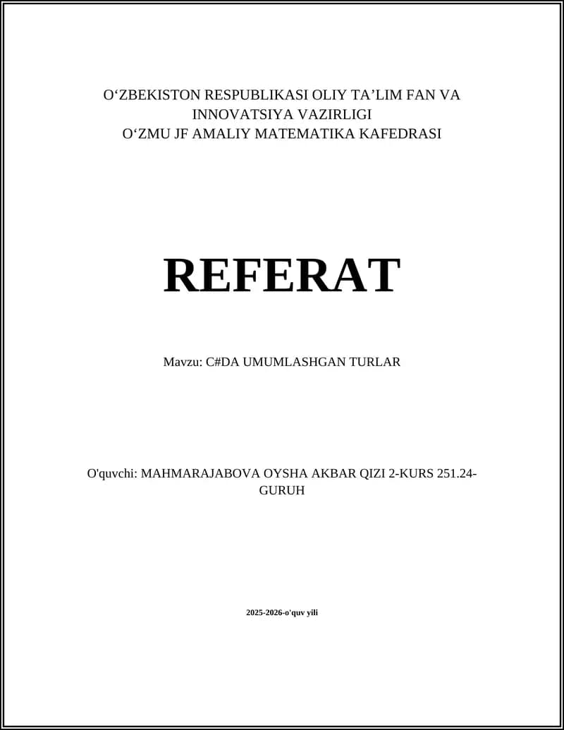 C#DA UMUMLASHGAN TURLAR