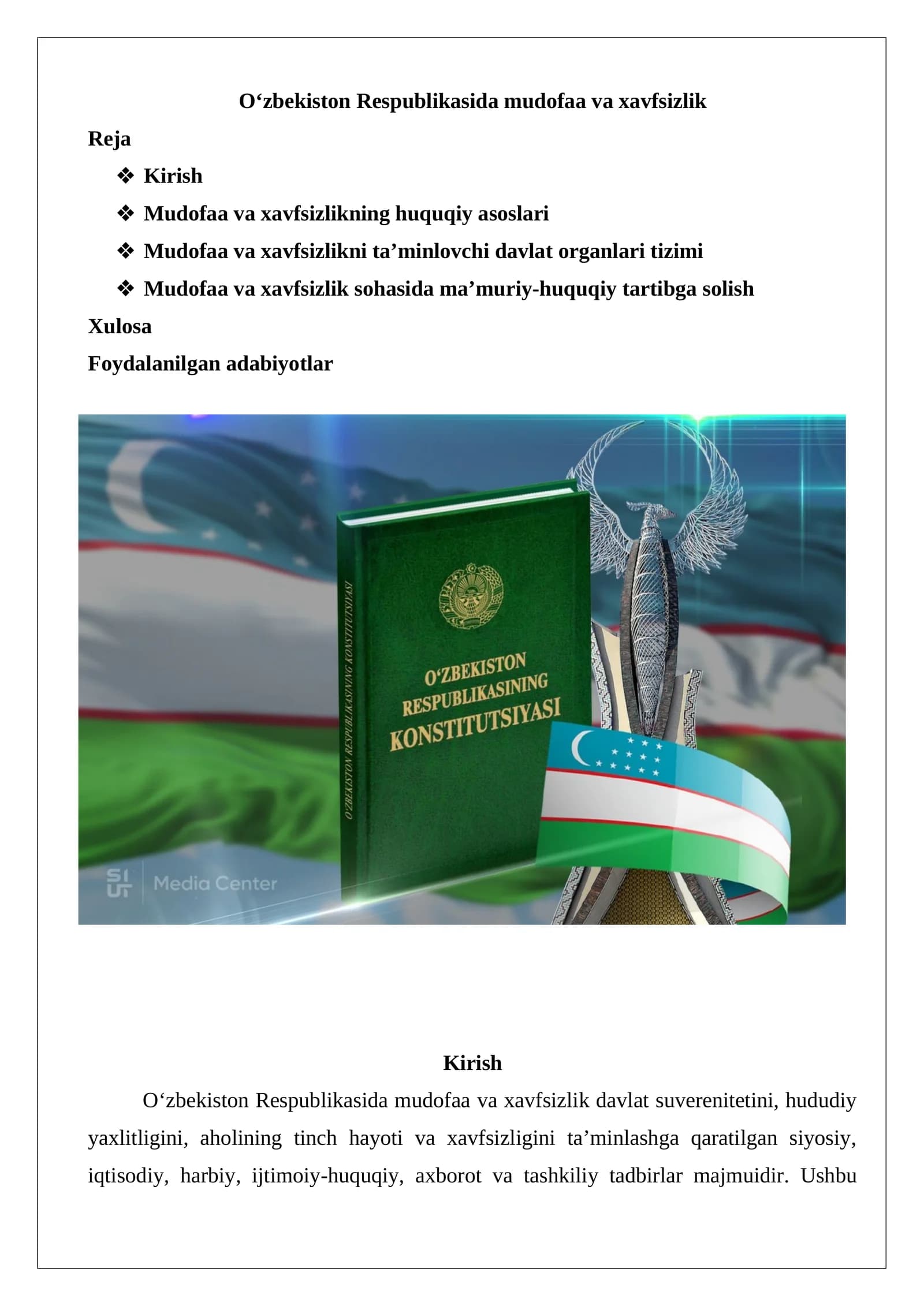 O‘zbekiston Respublikasida mudofaa va xavfsizlik