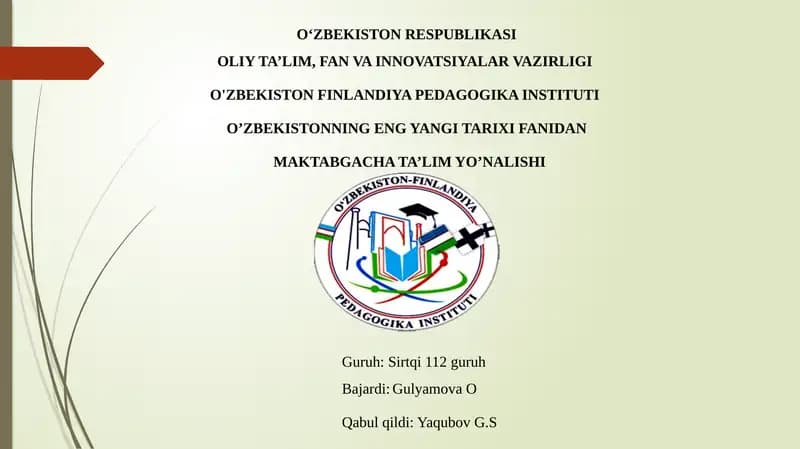 O’ZBEKISTONNING ENG YANGI TARIXI FANIDAN