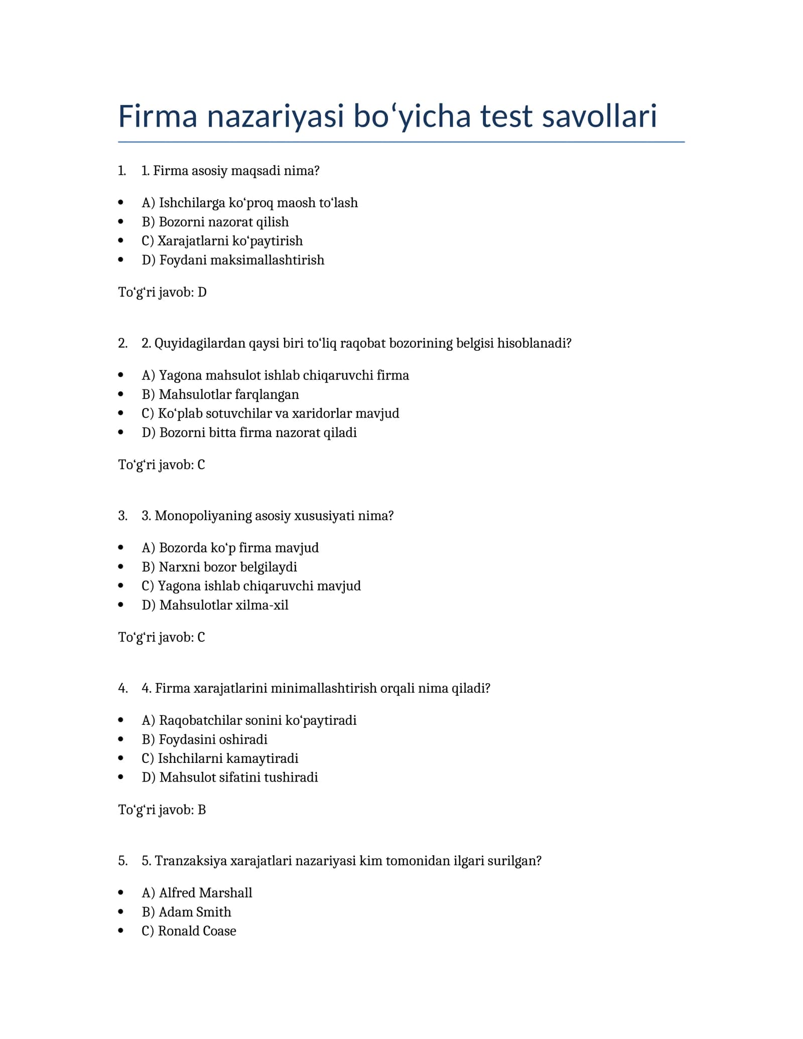 Firma nazariyasi bo‘yicha test savollari