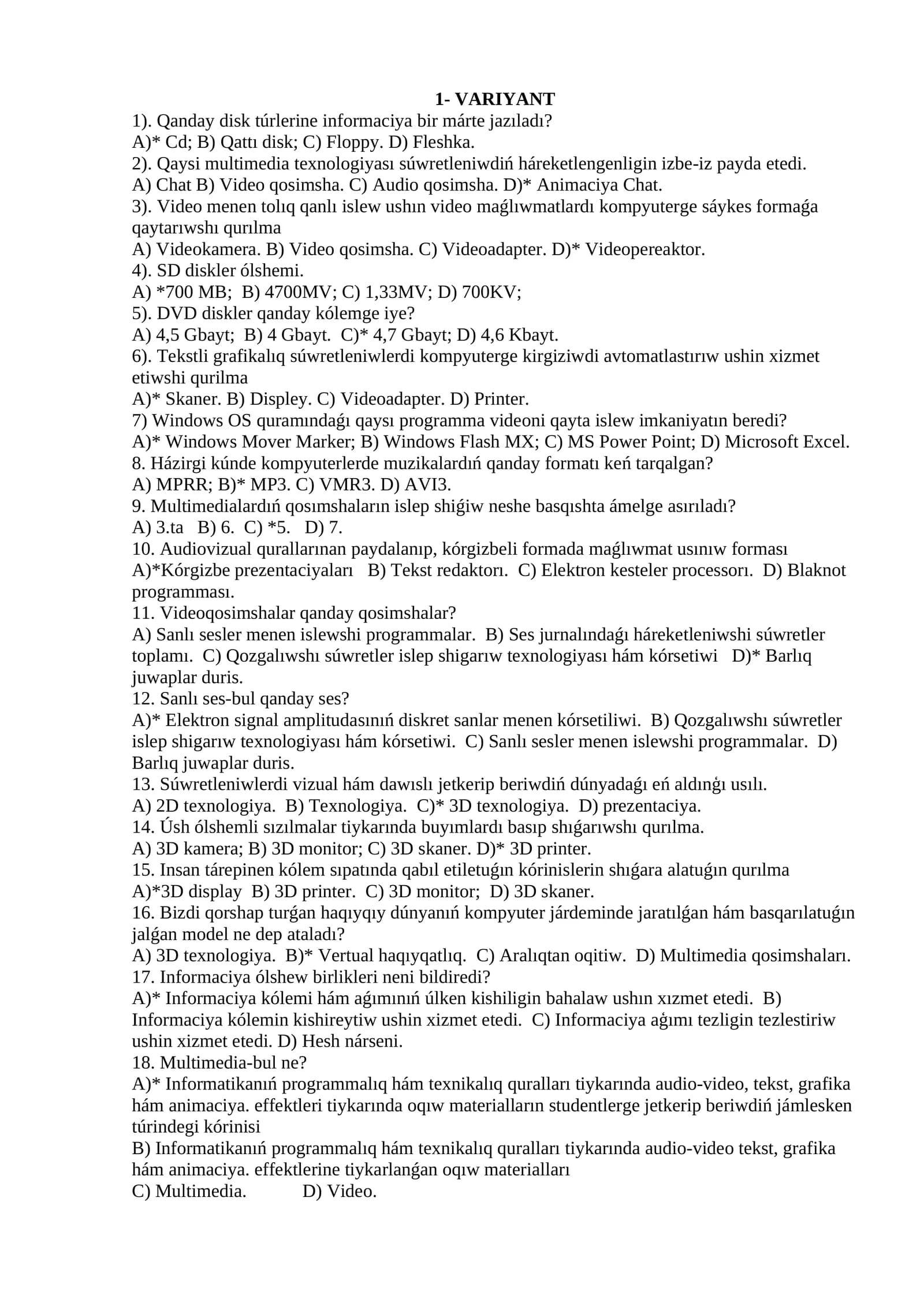 informatika páninen testler toplamı 2025-jıl