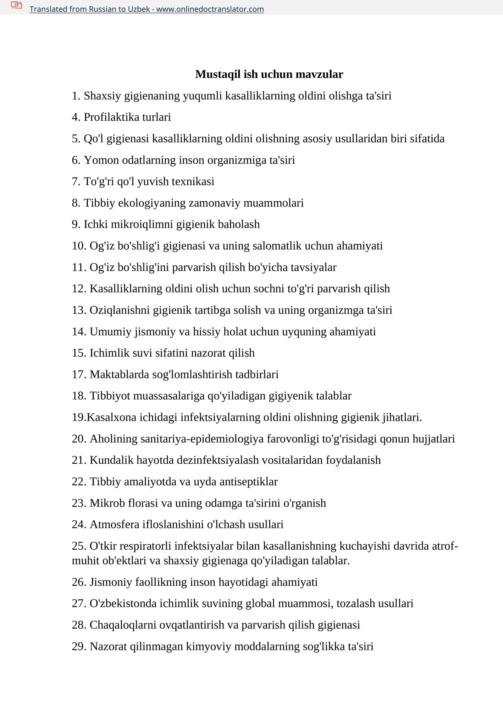 Mustaqil ish uchun mavzular
