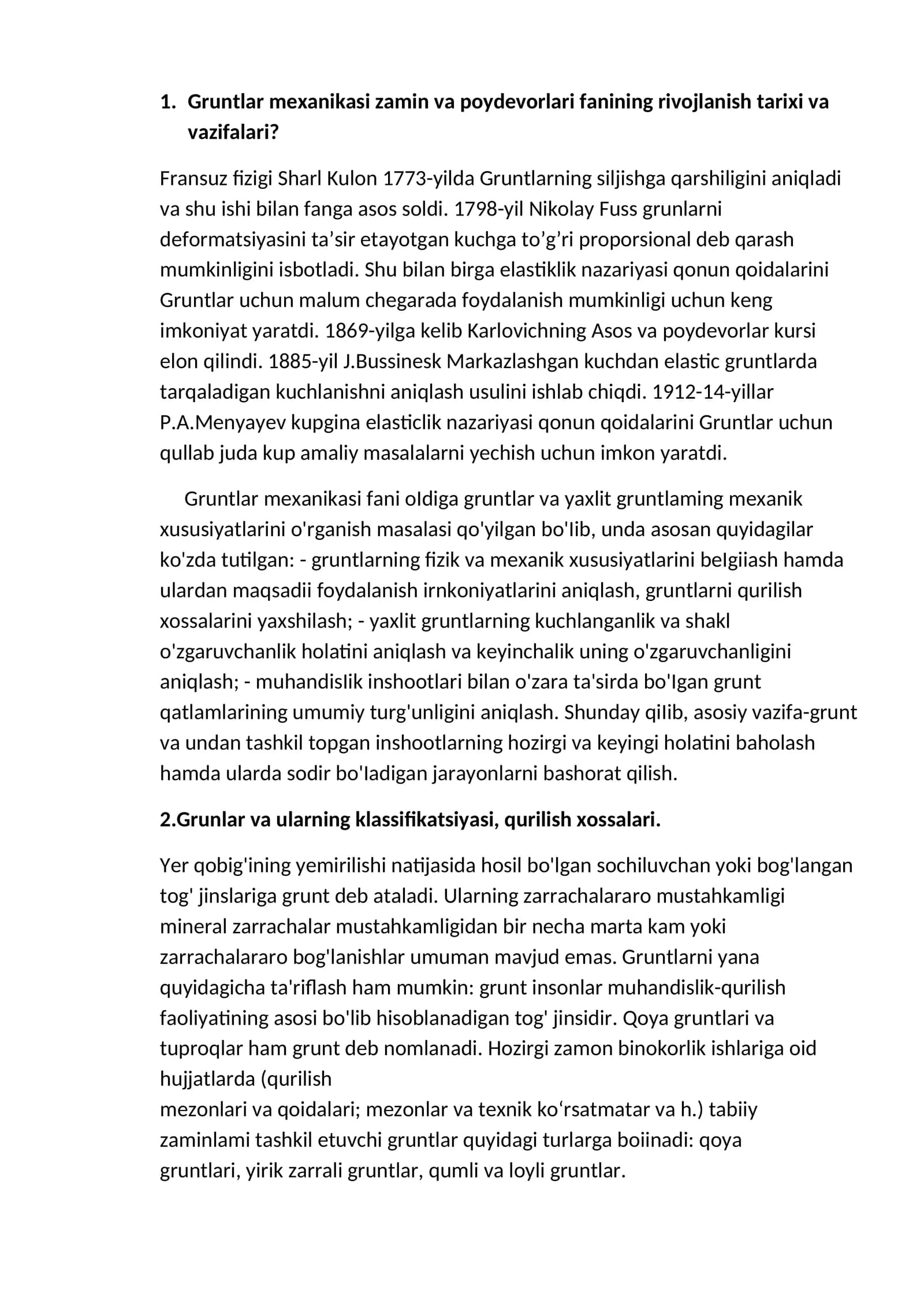 Gruntlar mexanikasi zamin va poydevorlari fanining rivojlanish tarixi va vazifalari