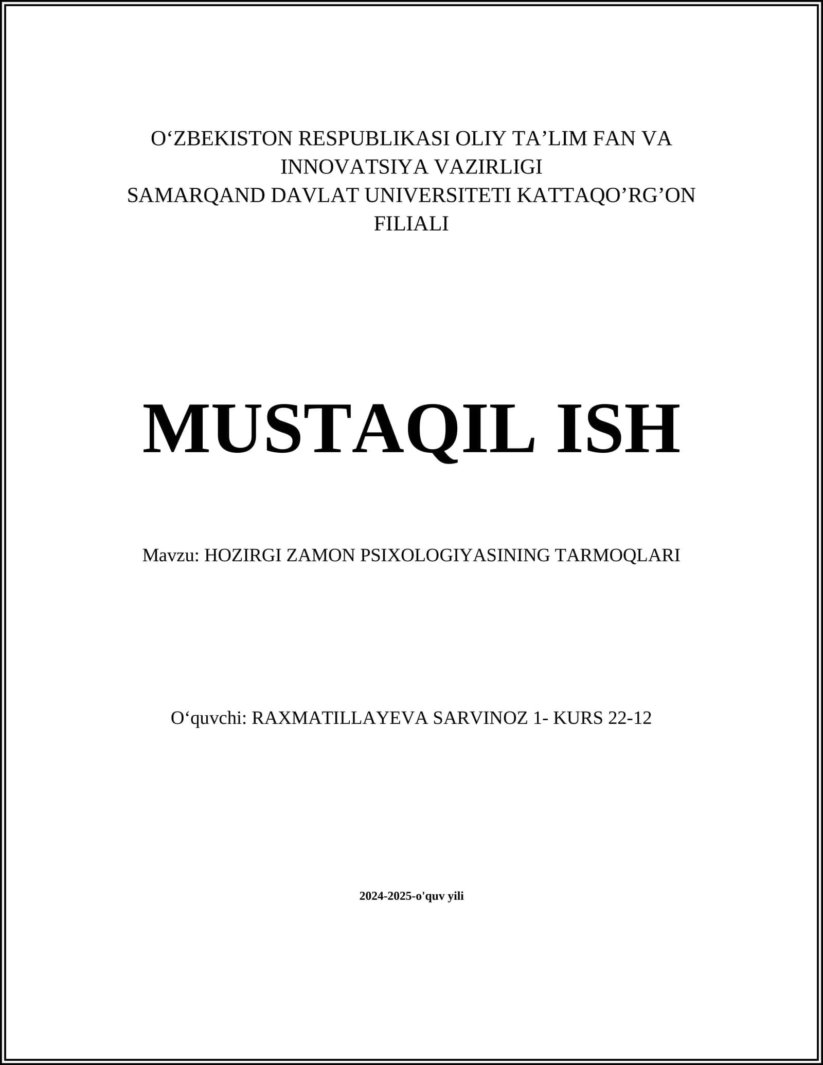 HOZIRGI ZAMON PSIXOLOGIYASINING TARMOQLARI