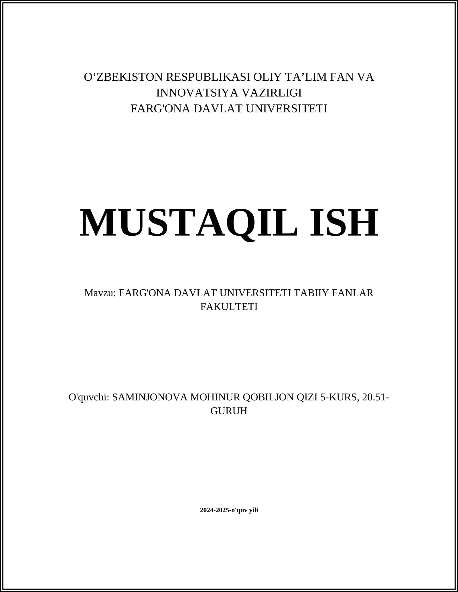 FARG'ONA DAVLAT UNIVERSITETI TABIIY FANLAR FAKULTETI