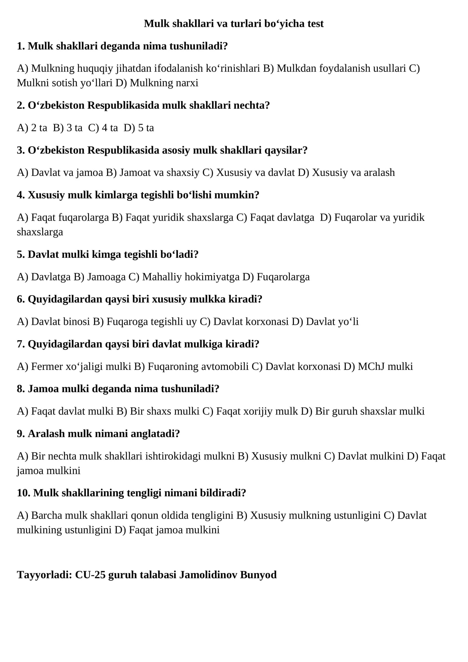 Mulk shakllari va turlari bo‘yicha test