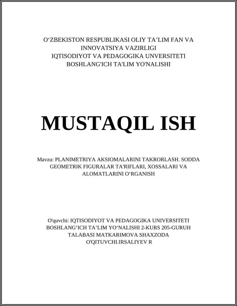 PLANIMETRIYA AKSIOMALARINI TAKRORLASH