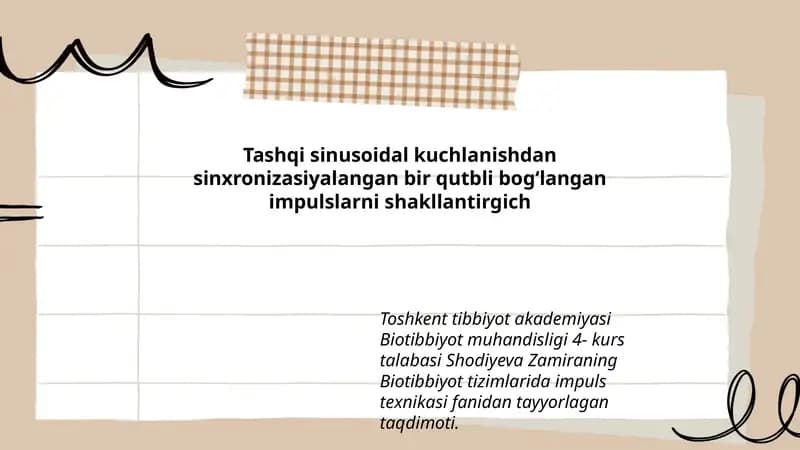 Tashqi sinusoidal kuchlanishdan sinxronizasiyalangan bir qutbli bog‘langan impulslarni shakllantirgich