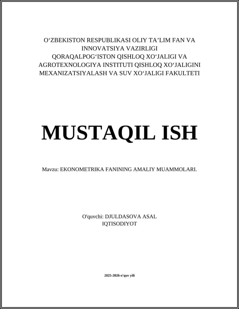 EKONOMETRIKA FANINING AMALIY MUAMMOLARI