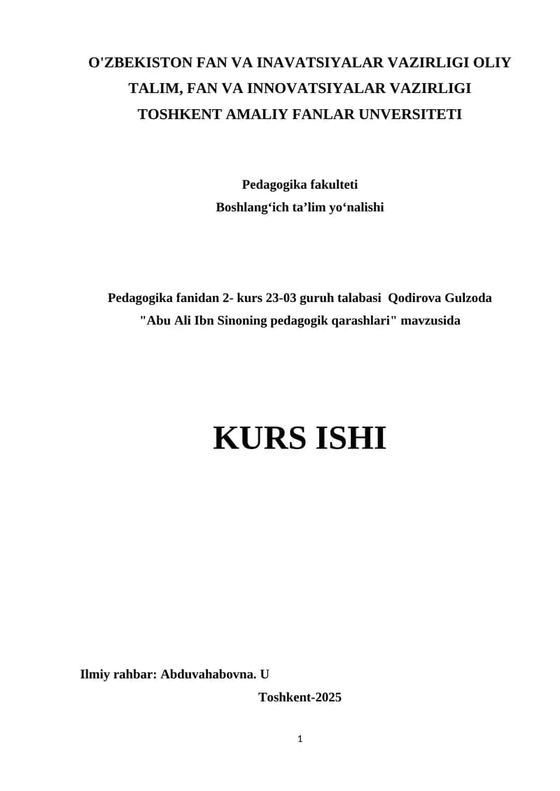 Abu Ali Ibn Sinoning pedagogik qarashlari