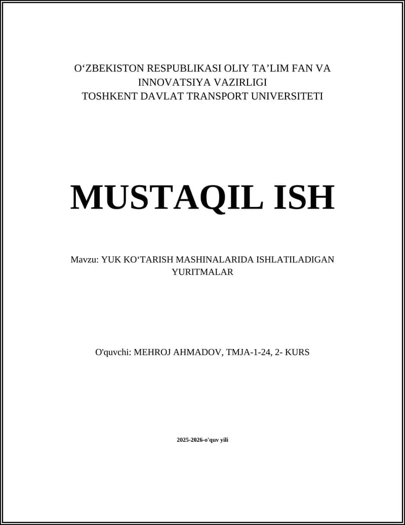 YUK KOʻTARISH MASHINALARIDA ISHLATILADIGAN YURITMALAR