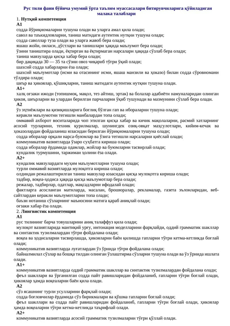 Рус тили фани бўйича умумий ўрта таълим муассасалари битирувчиларига қўйиладиган малака талаблари