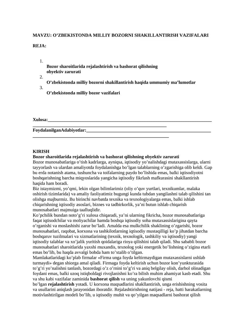O'zbekistonda Milliy Bozorni Shakillantirish Vazifalari