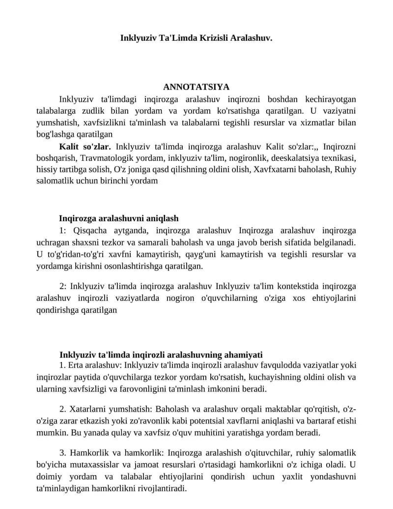 Inklyuziv Ta'Limda Krizisli Aralashuv