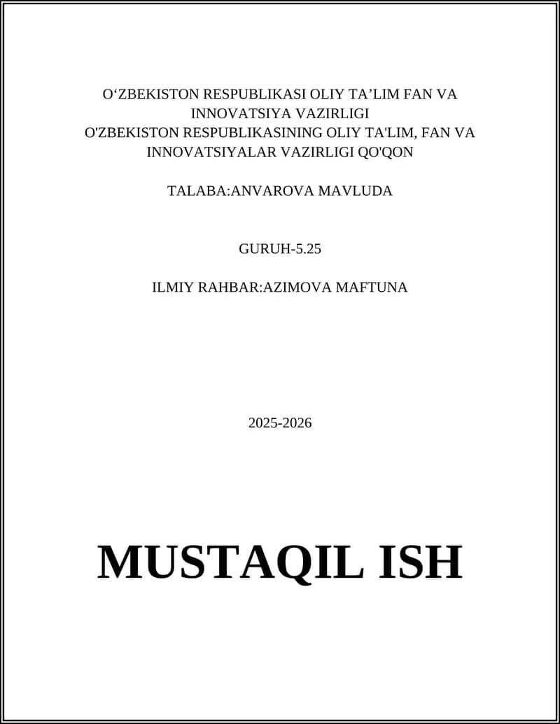 O'ZBEKISTON RESPUBLIKASI OLIY TA’LIM FAN VA INNOVATSIYA VAZIRLIGI