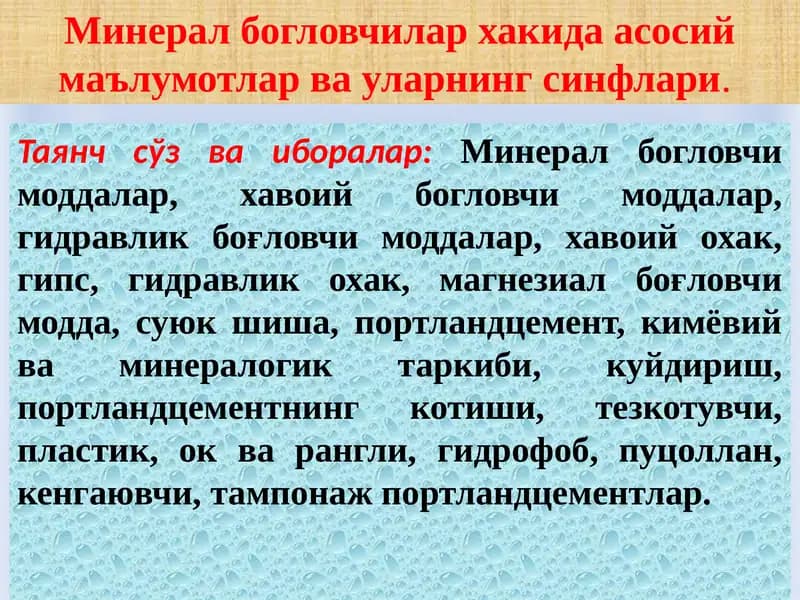 Минералбошловчилар ҳақида асосий маълумотлар ва уларнинг синфлари