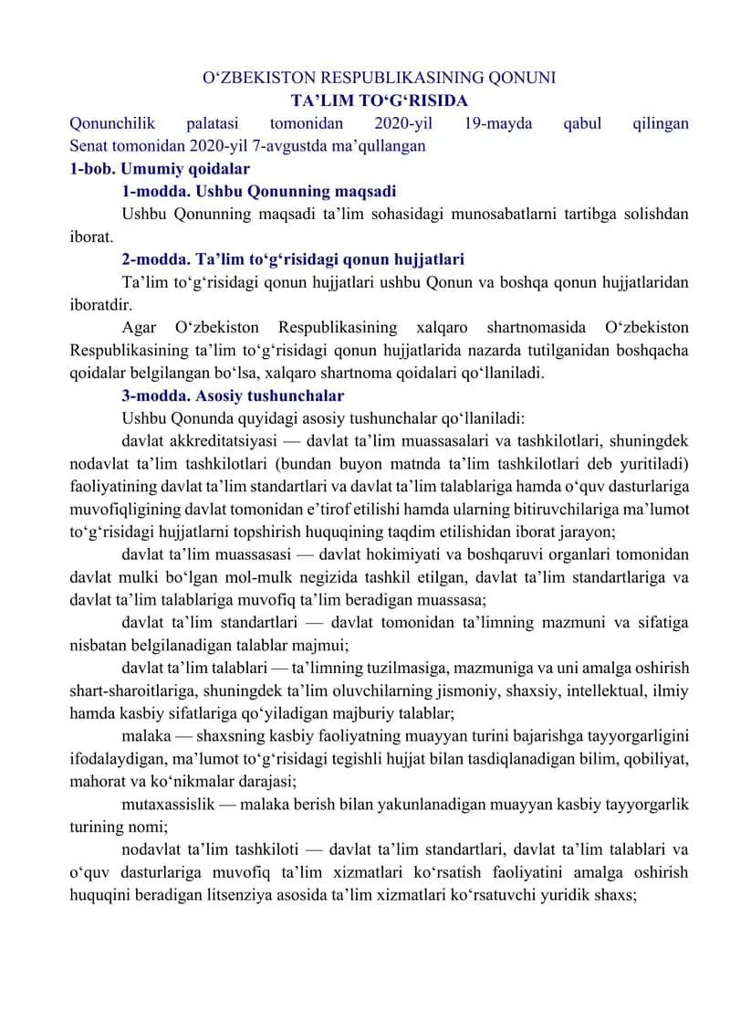O'zbekiston Respublikasining Qonuni Ta'lim To'g'risida