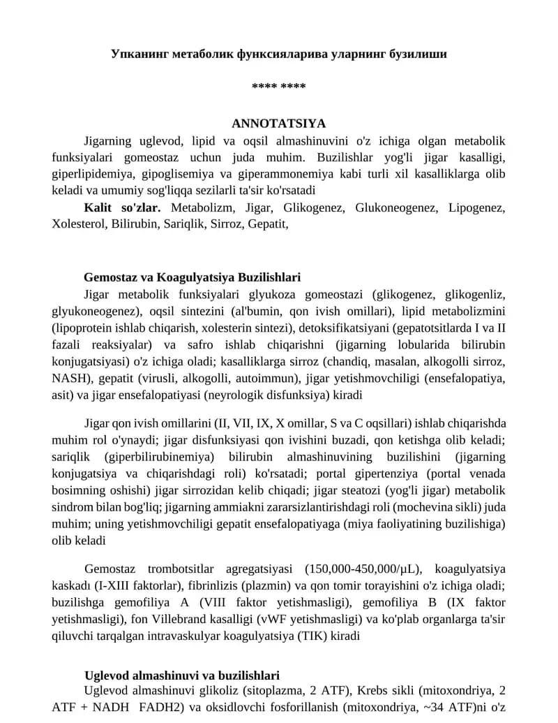 Jigarning metabolik funksiyalari