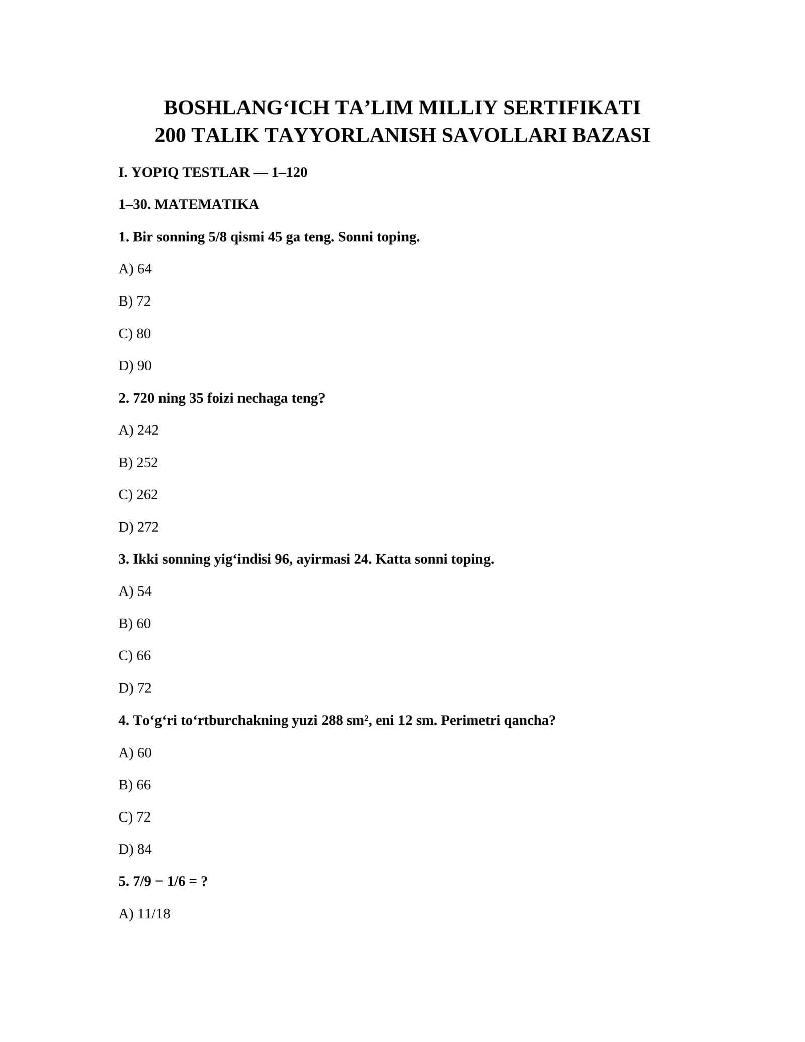 BOSHLANGICH TALIM MILLIY SERTIFIKAT (200 Talik Tayyorlanish Savollari Bazasi)