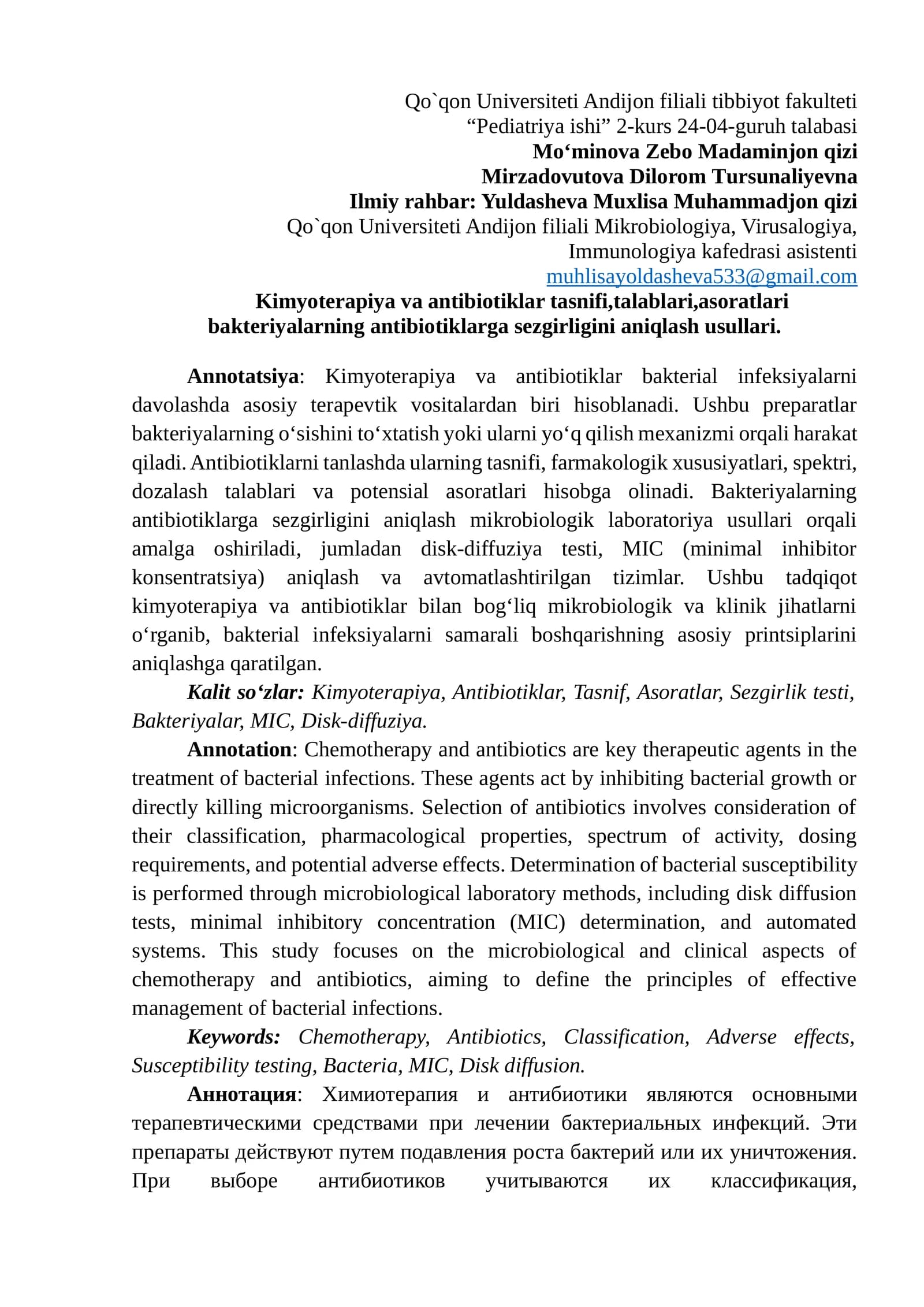 Kimyoterapiya va antibiotiklar tasnifi