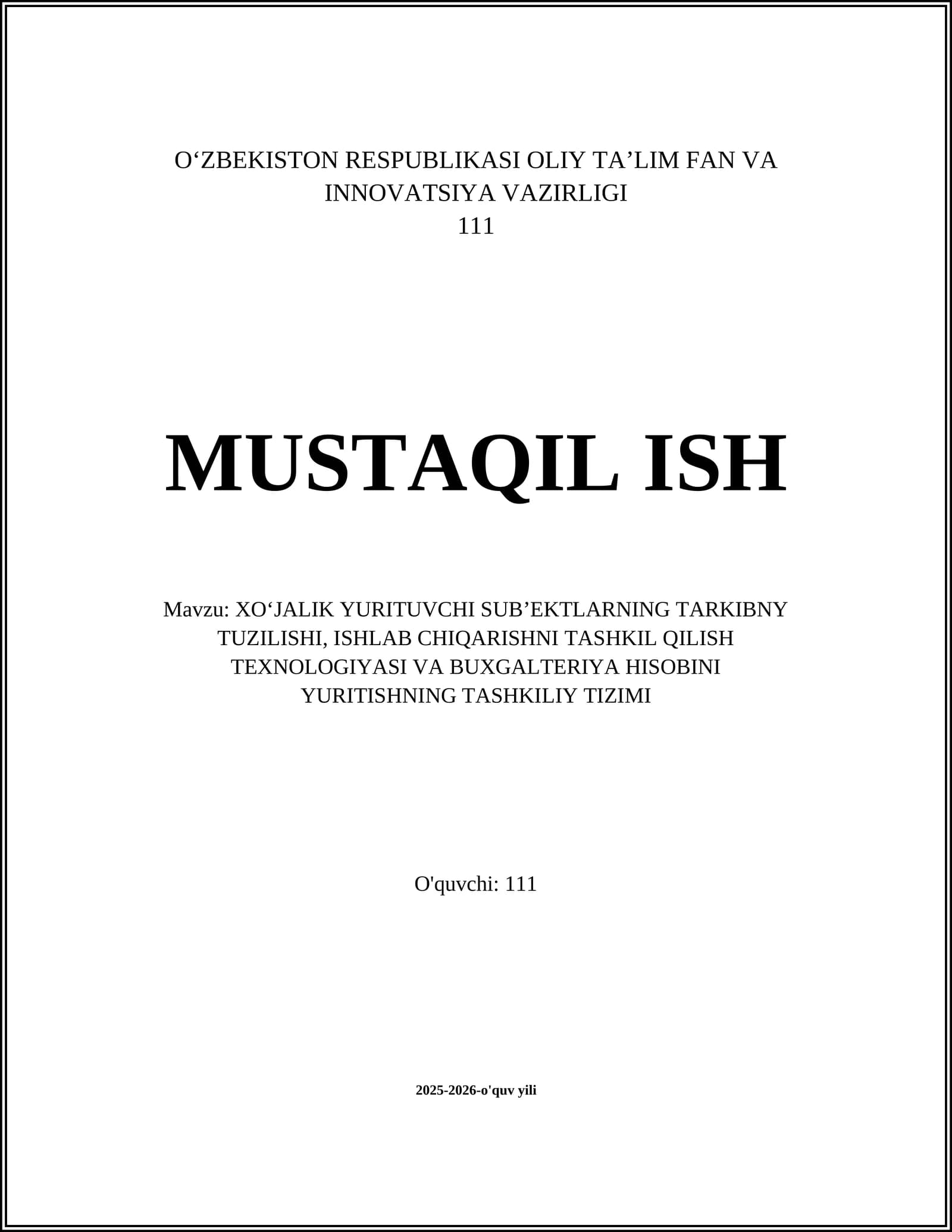 XO‘JALIK YURITUVCHI SUB’EKTLARNING TARKIBNY TUZILISHI, ISHLAB CHIQARISHNI TASHKIL QILISH TEXNOLOGIYASI VA BUXGALTERIYA HISOBINI YURITISHNING TASHKILIY TIZIMI
