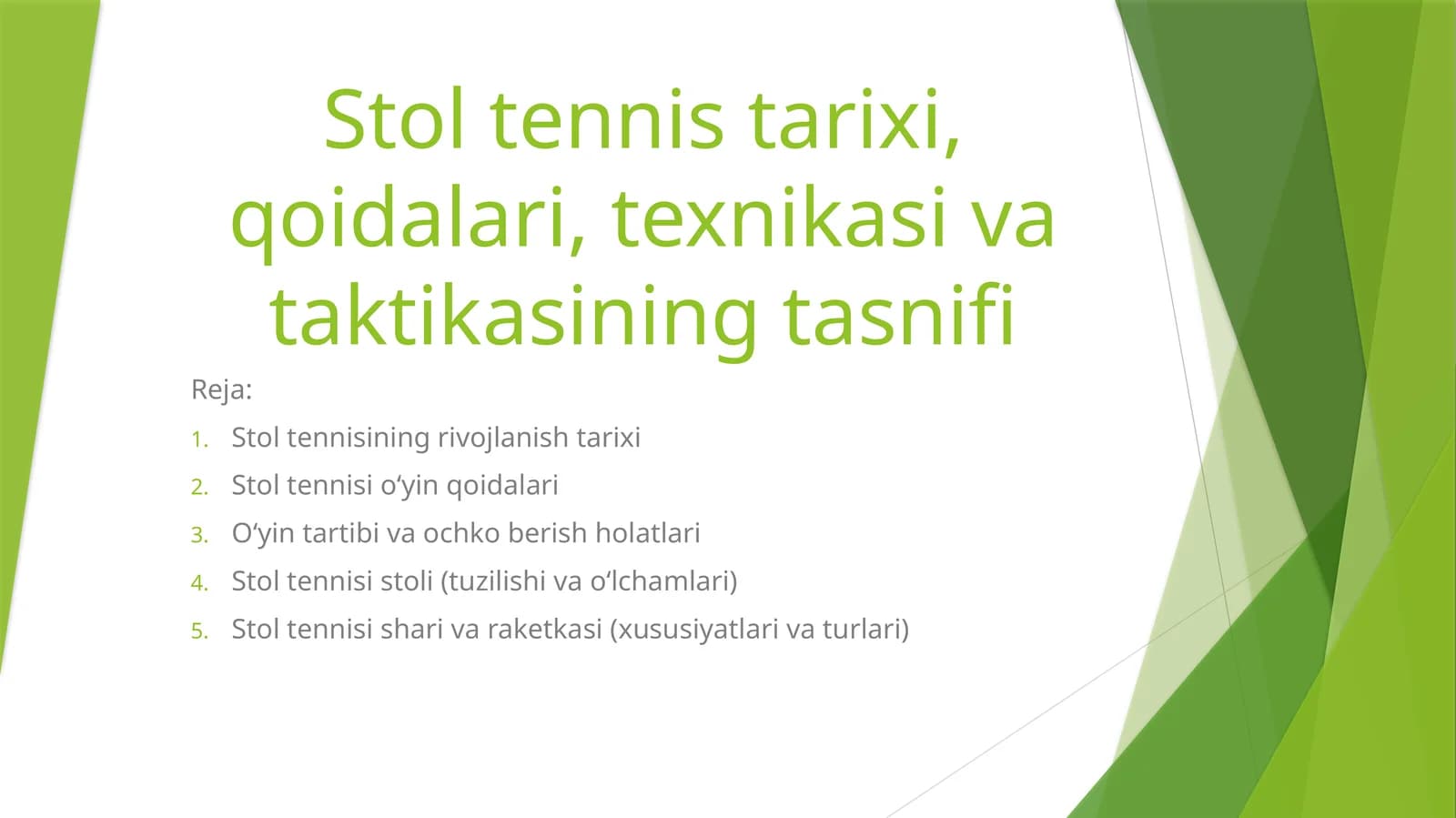 Stol tennis tarixi, qoidalari, texnikasi va taktikasining tasnifi