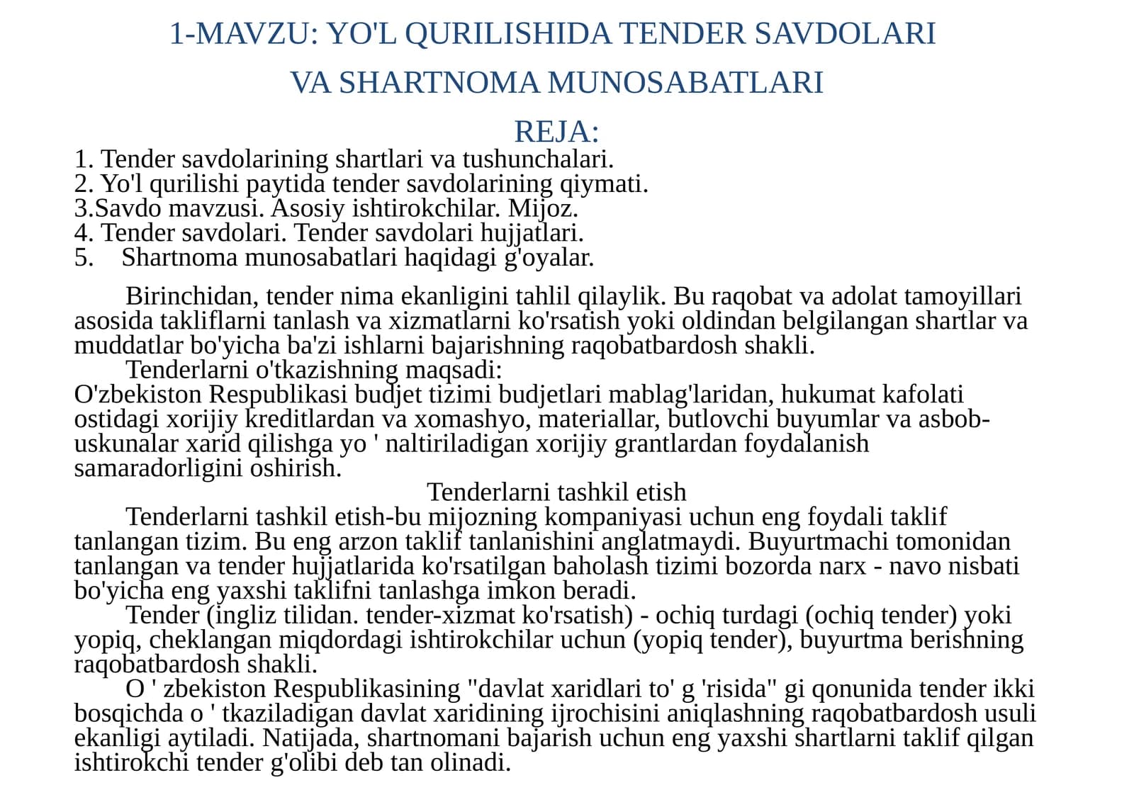 YO'L QURILISHIDA TENDER SAVDOLARI VASHARTNOMA MUNOSABATLARI