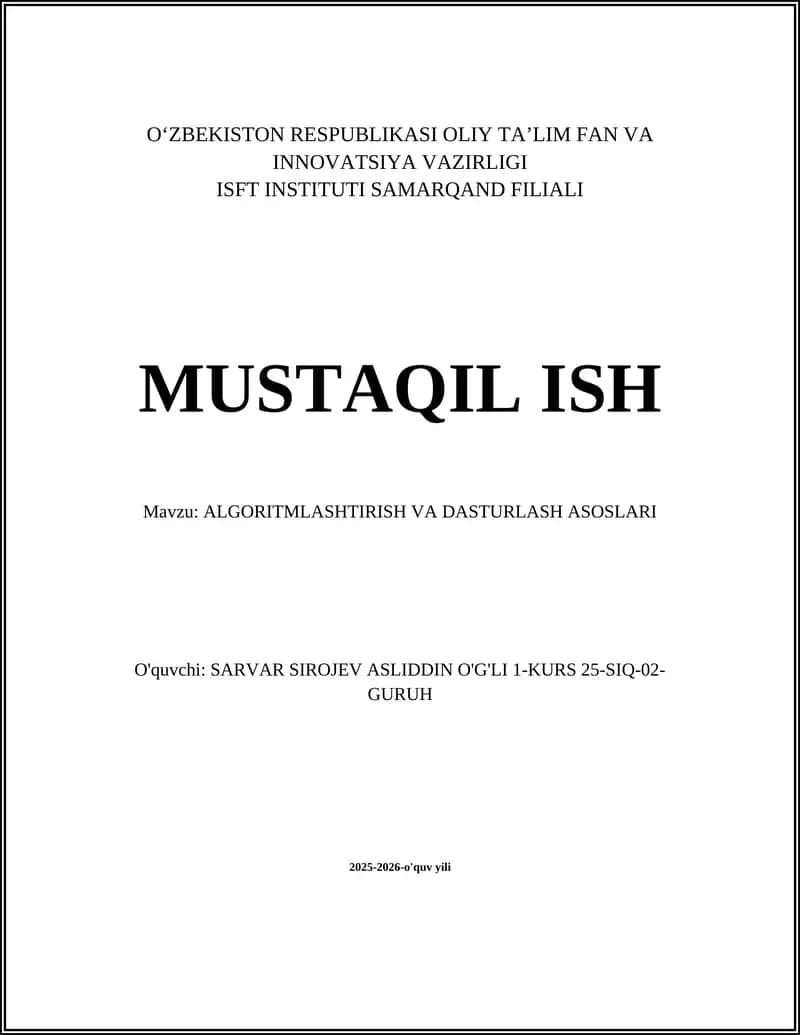 ALGORITMLASHTIRISH VA DASTURLASH ASOSLARI