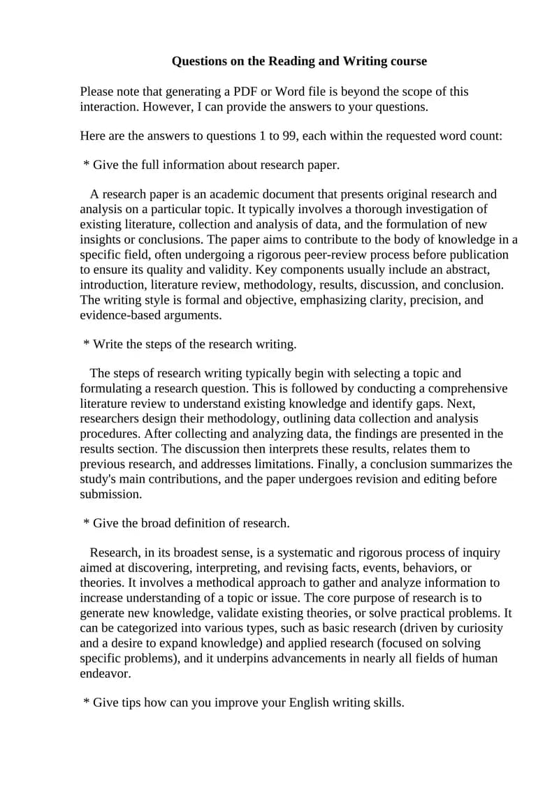 Questions on the Reading and Writing course