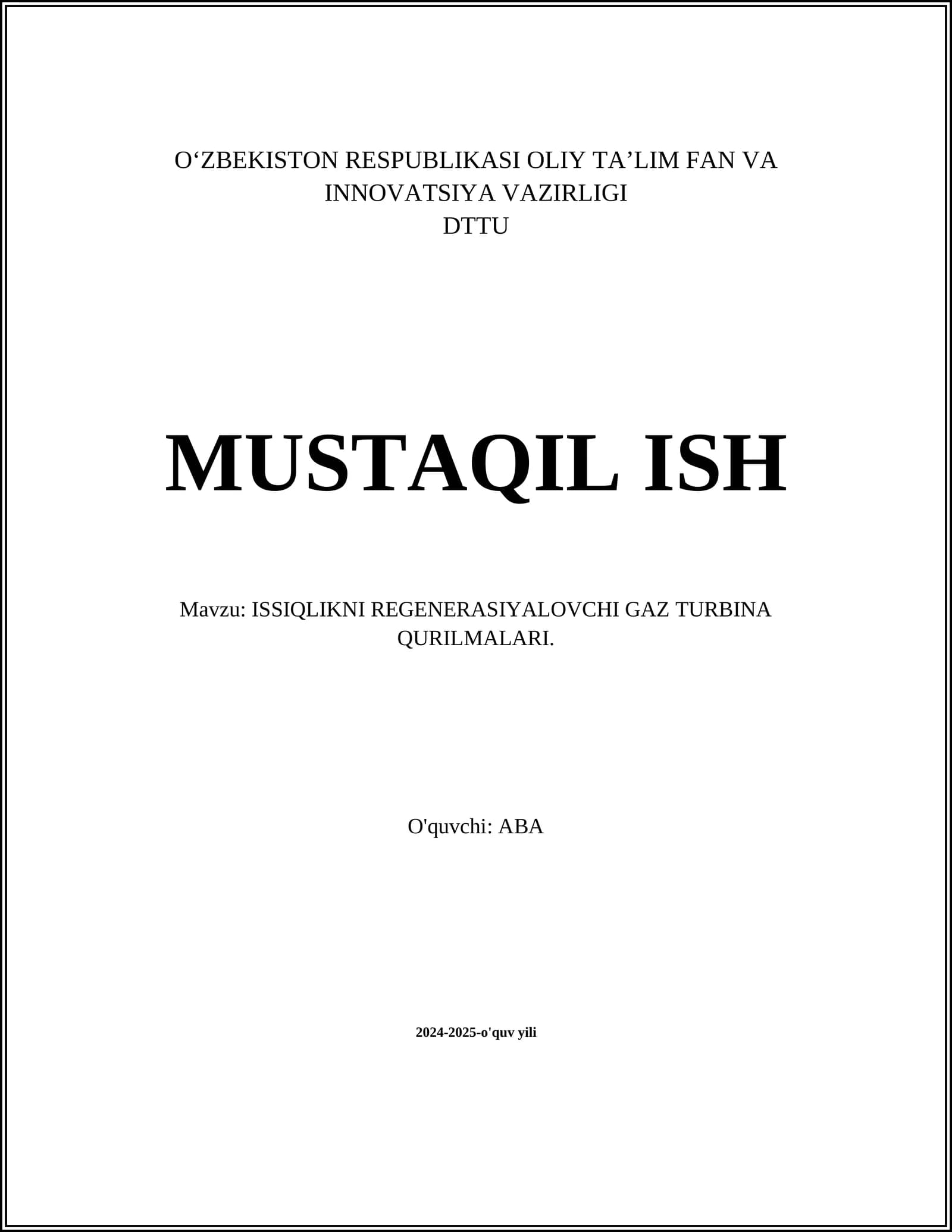 ISSIQLIKNI REGENERASIYALOVCHI GAZ TURBINA QURILMALARI