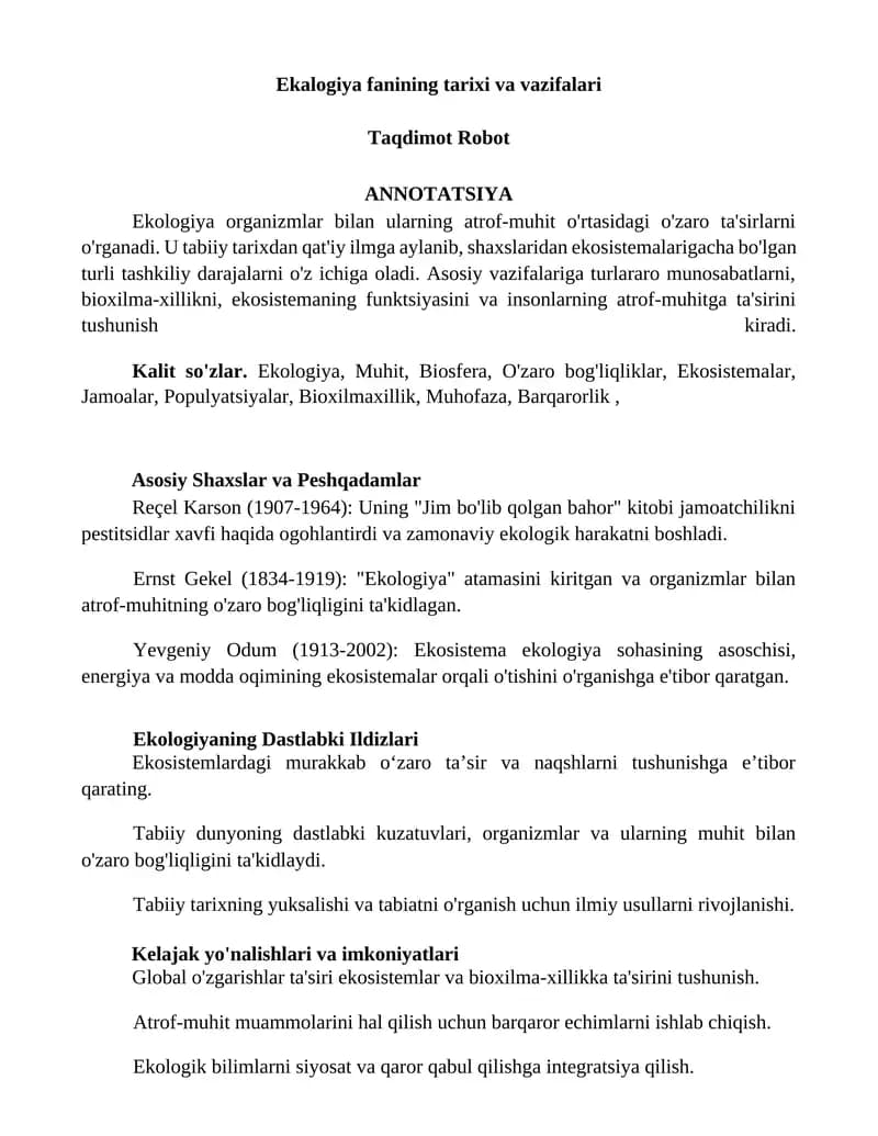 Ekologiya fanining tarixi va vazifalari