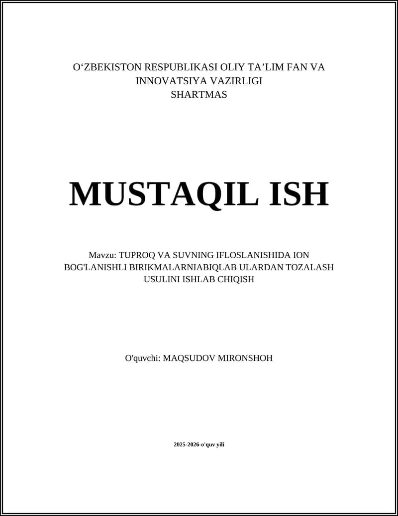 Tuproq va suvning ifloslanishida iyon bog'lanishli birikmalarni aniqlash uchun spektral va xromatografik metodlarni ishlab chiqish