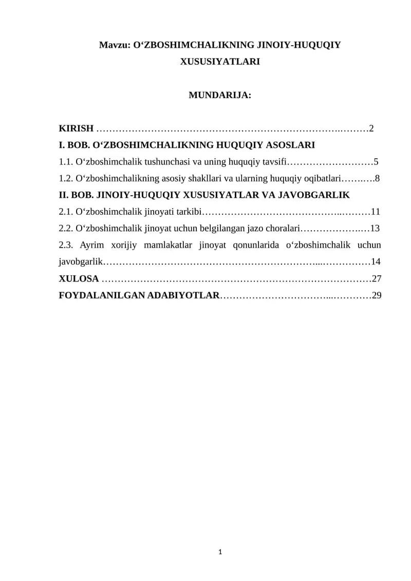 O‘ZBOSHIMCHALIKNING JINOIY-HUQUQIY XUSUSIYATLARI