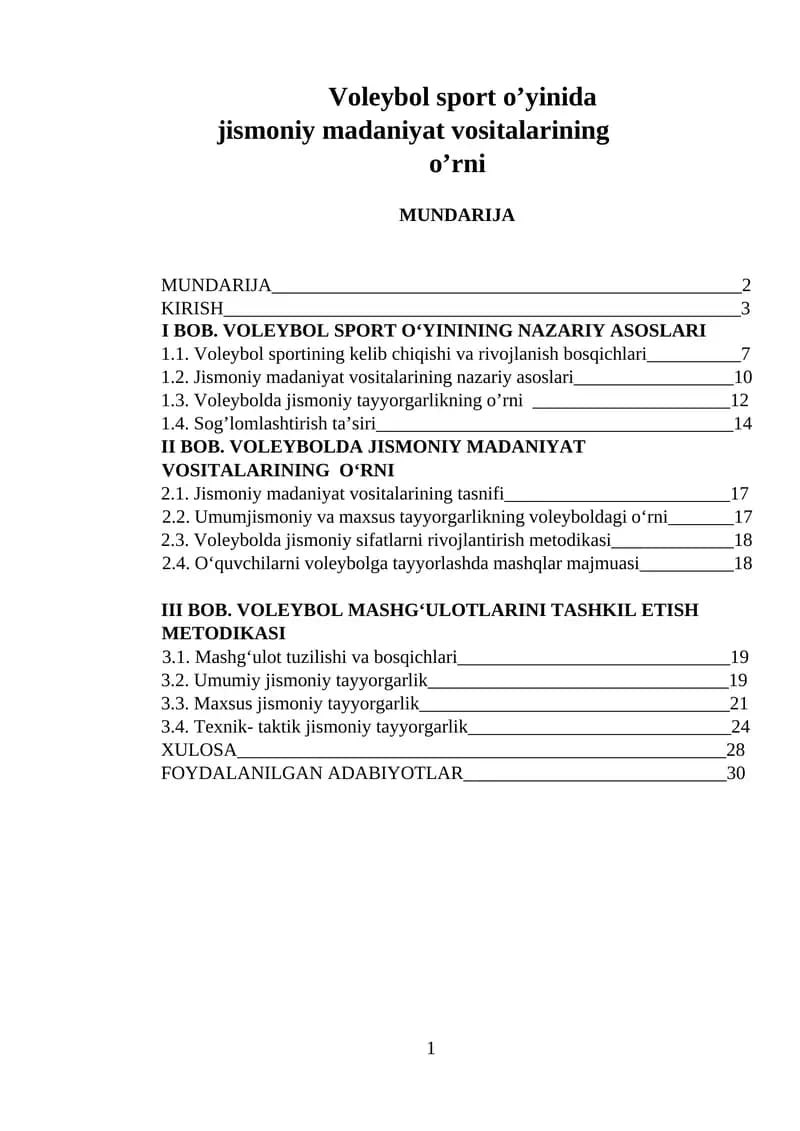 Voleybol sport o'yinida jismoniy madaniyat vositalarining o'rni