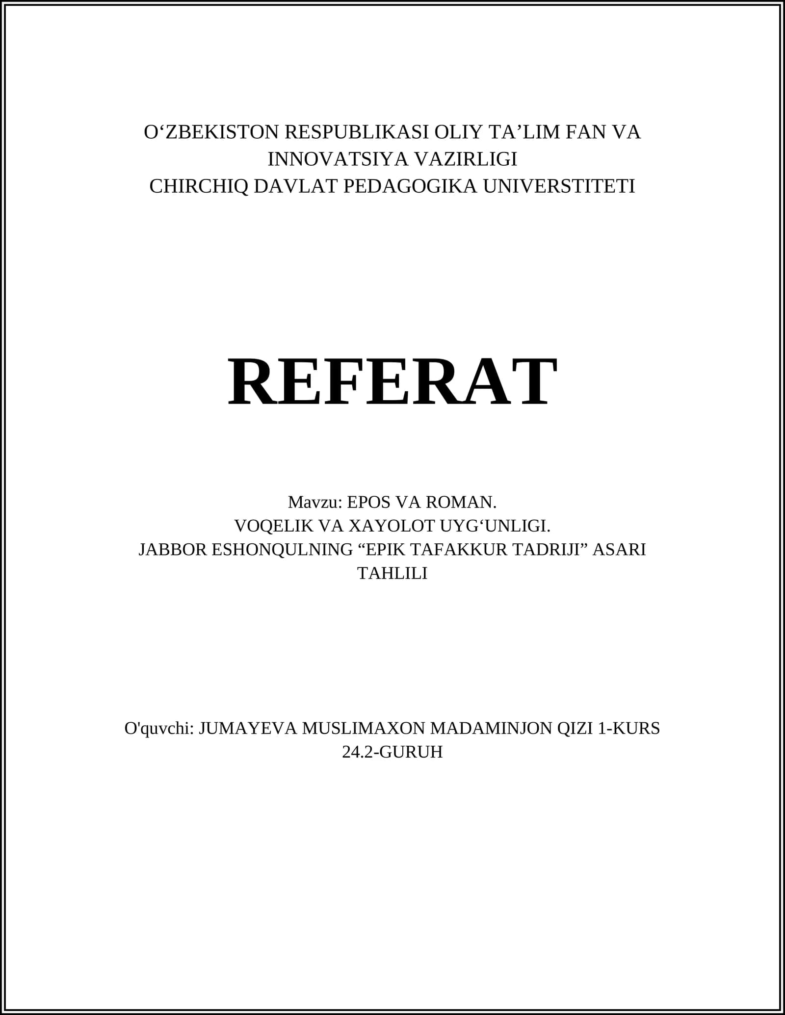 EPOS VA ROMAN: TA’RIF VA SOHA DOIRASI