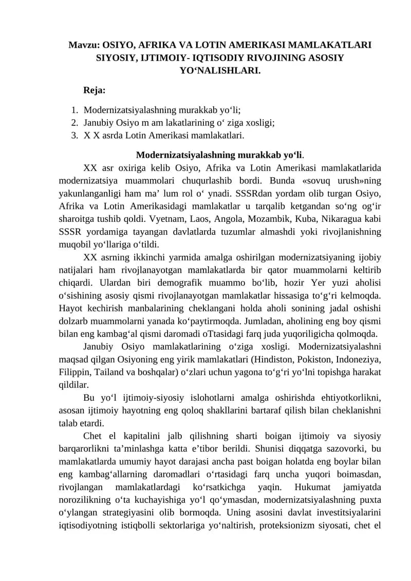 OSIYO, AFRIKA VA LOTIN AMERIKASI MAMLAKATLARI SIYOSIY, IJTIMOIY- IQTISODIY RIVOJINING ASOSIY YO‘NALISHLARI