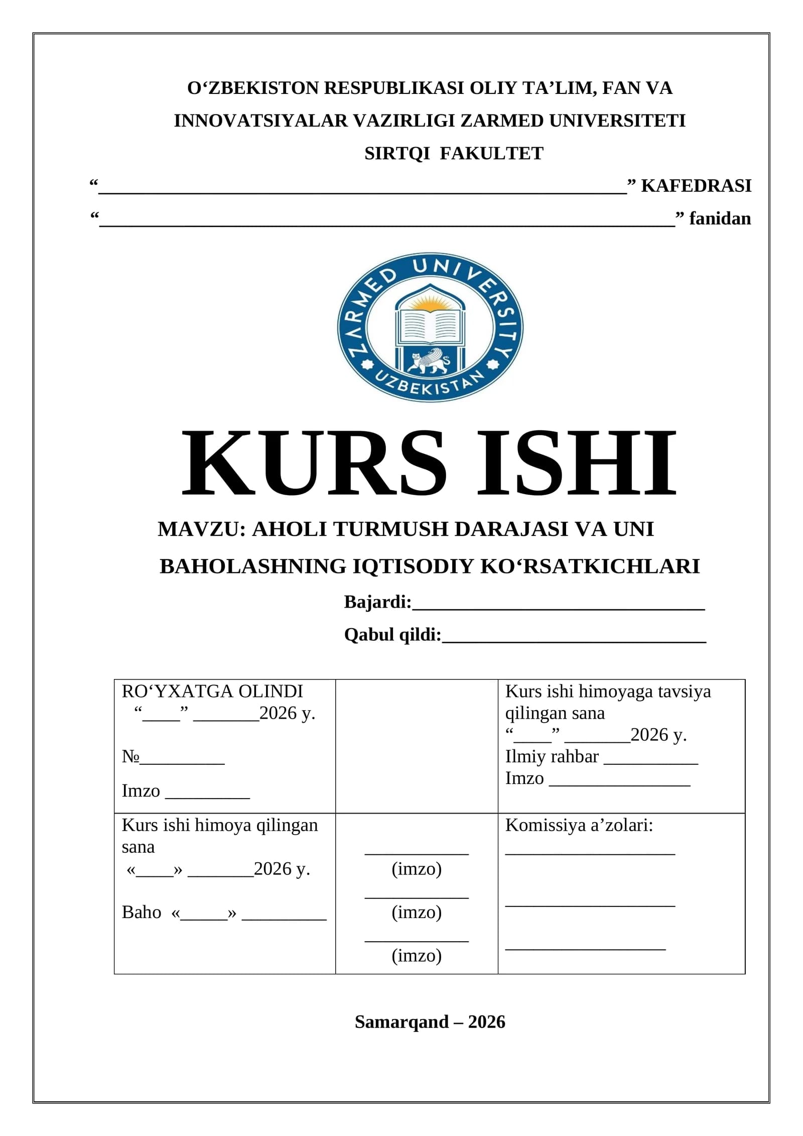 AHOLI TURMUSH DARAAJASI VA UNI BAHOLASHNING IQTISODIY KOʻRSATKICHLARI