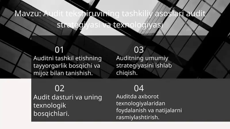 Audit tekshiruvining tashkiliy asoslari audit strategiyasi va texnologiyasi