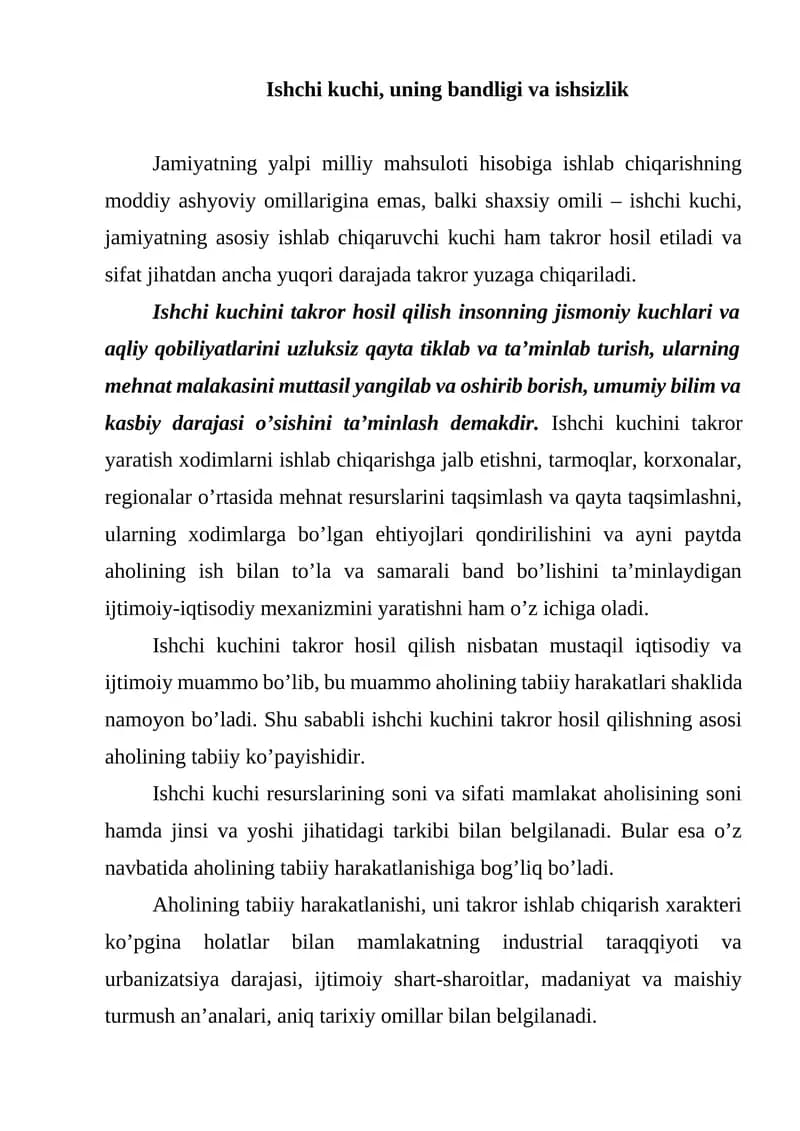Ishchi kuchi, uning bandligi va ishsizlik