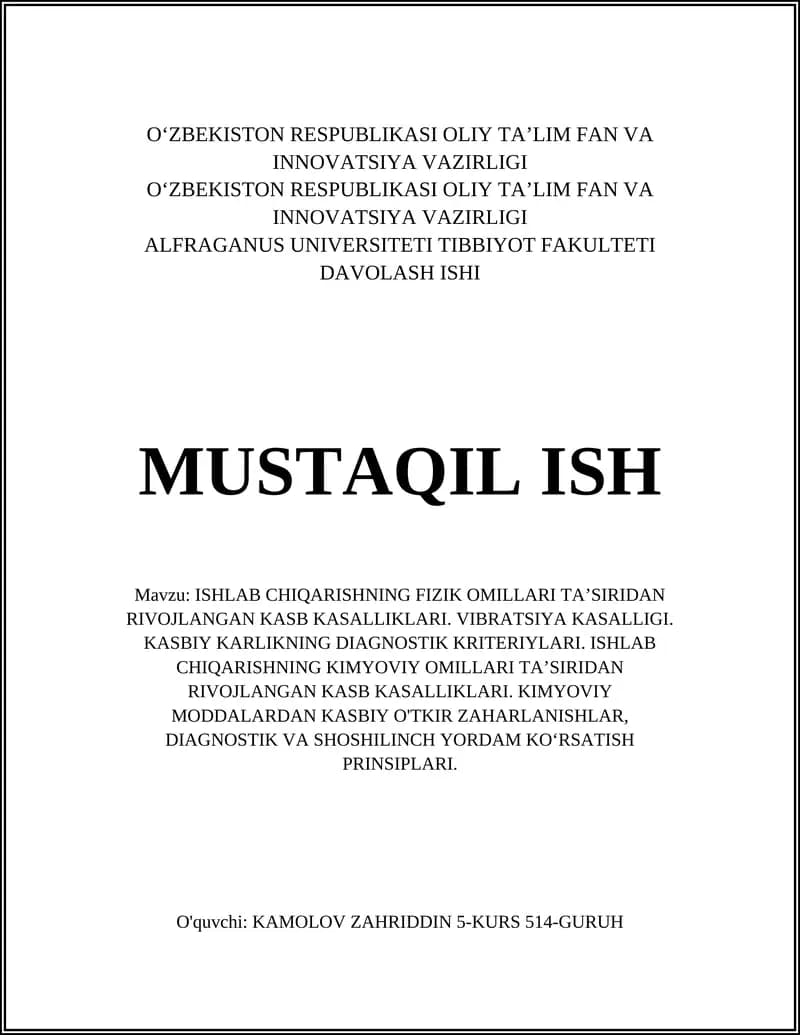 ISHLAB CHIQARISHNING FIZIK OMILLARI TAʼSIRIDAN RIVOJLANGAN KASB KASALLIKLARI