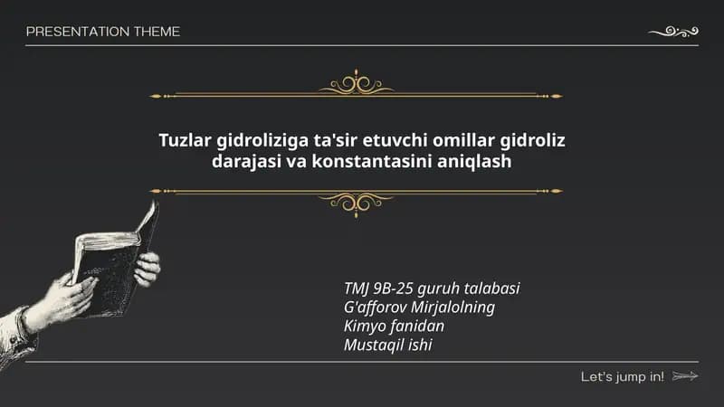 Tuzlar gidroliziga ta'sir etuvchi omillar gidroliz darajasi va konstantasini aniqlash
