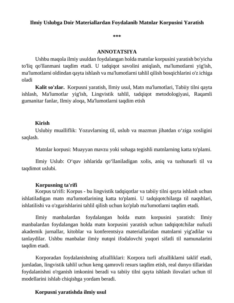 Ilmiy Uslubga Doir Materiallardan Foydalanib Matnlar Korpusini Yaratish